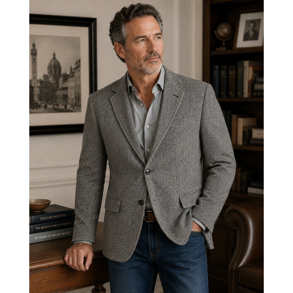 Vintage Herringbone‎ Tweed Blazer Mens 40R Gray Wool Blend Old Money Classic